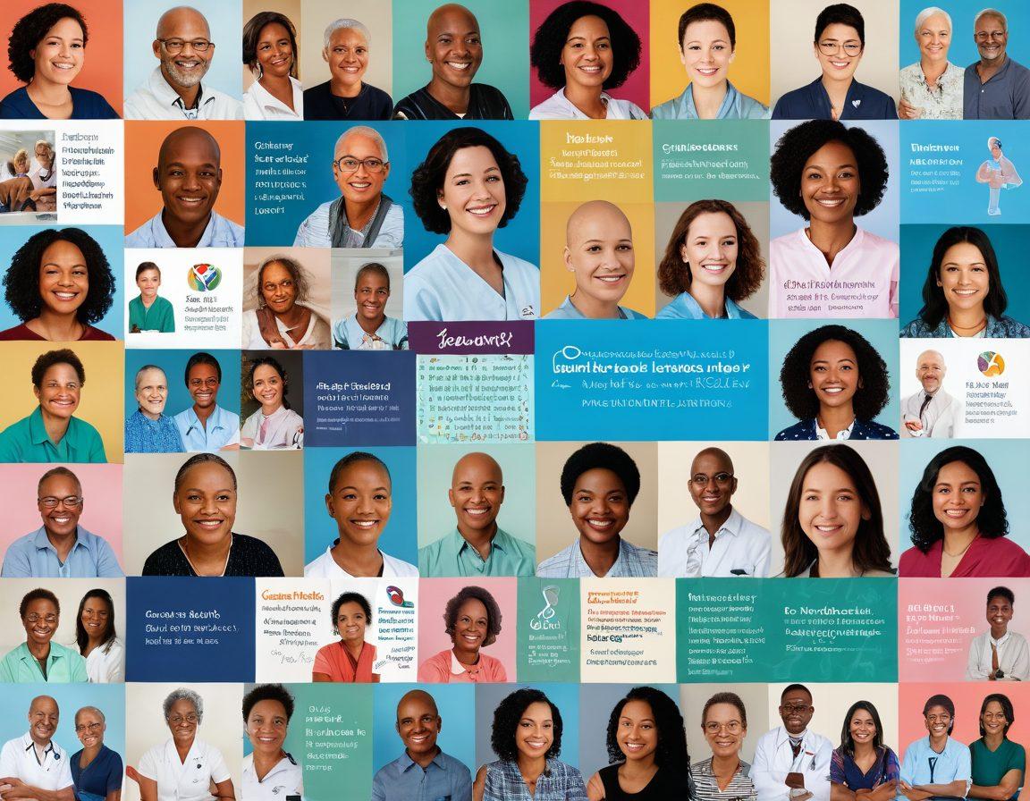A collage of vibrant, hopeful images showcasing diverse cancer patients in a supportive community setting, depicting conversations, medical advancements, and technology like telemedicine and genomics. Include symbols of advocacy such as ribbons and awareness posters in the background, illustrating empowerment and resilience. bright colors. uplifting atmosphere. super-realistic.
