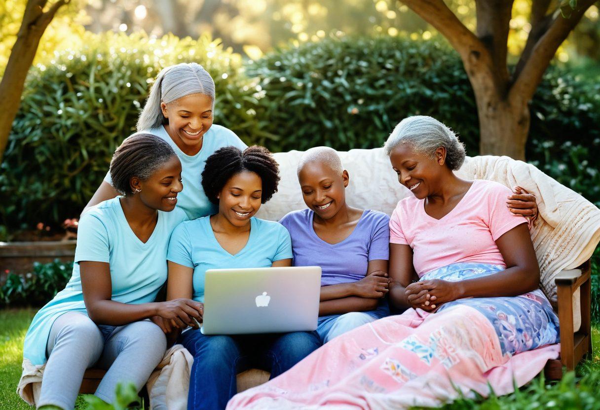 A warm and inviting scene depicting a diverse family embracing a cancer survivor in a sunlit garden, surrounded by supportive resources like pamphlets, a laptop showing helpful websites, and a cozy blanket. The atmosphere should convey hope and resilience, with soft pastel colors and gentle light filtering through the trees. Include symbols of strength like a butterfly and a heart. vibrant colors. warm tones. soft focus.