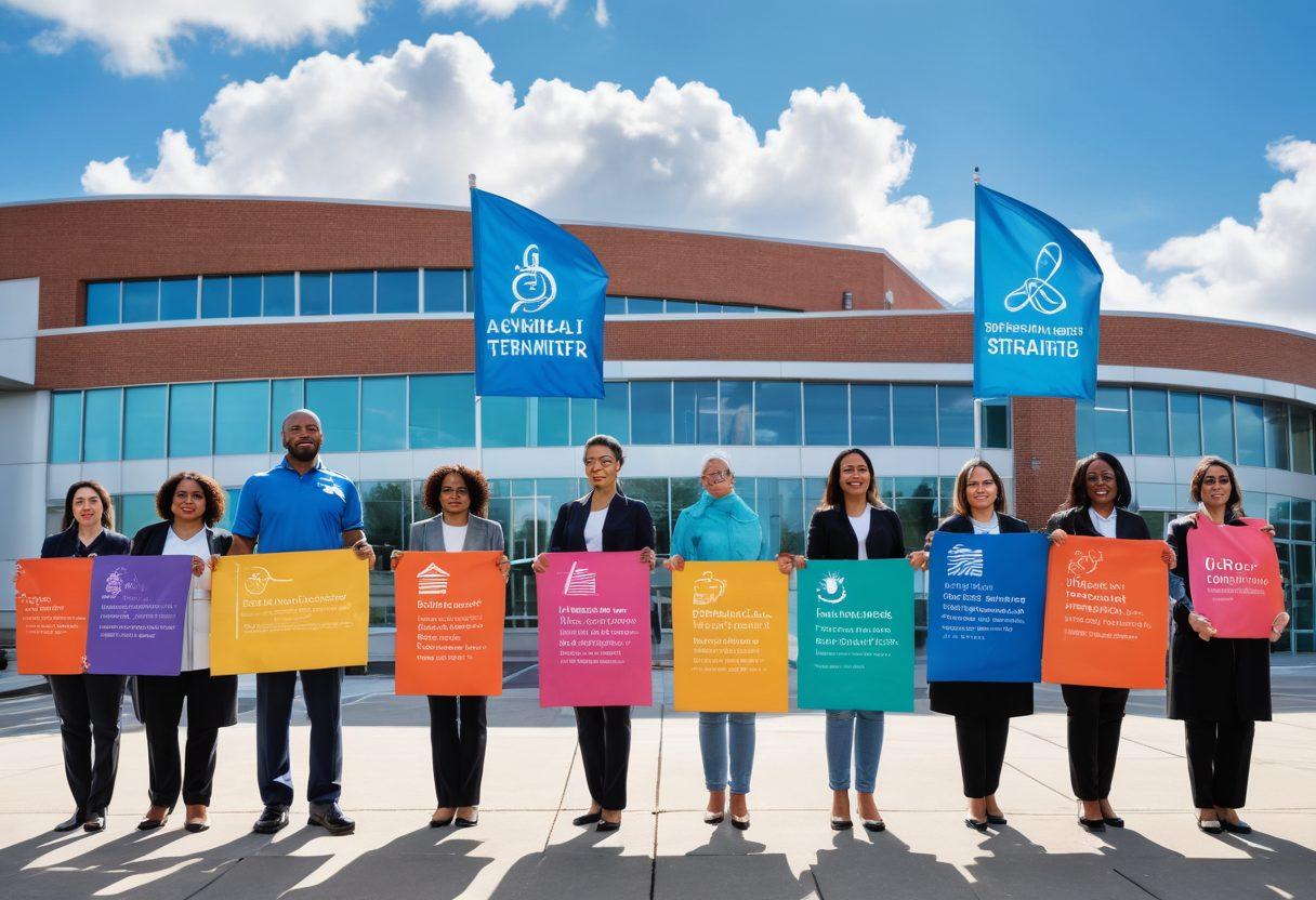 A diverse group of passionate healthcare advocates holding colorful banners, standing outside a modern oncology center, representing unity and strength. The backdrop features a bright blue sky with wispy clouds symbolizing hope, while elements like DNA strands and medical icons subtly interweave through the scene. The advocates are of various ages and ethnicities, showcasing inclusivity. super-realistic. vibrant colors. dynamic composition.